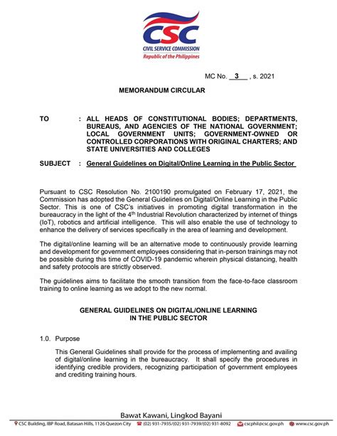 CSC MC 03, s. 2021: General Guidelines on Digital/Online .